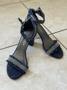 Stuart Weitzman Women Sandal Size 9.5M Blue Denim Block Heel Ankle Strap Fringe - Picture 1 of 7