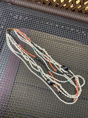 Multistrand Turquoise Pearl Onyx Coral & Mother of Pearl Necklace Vtg  - Image 1 of 4