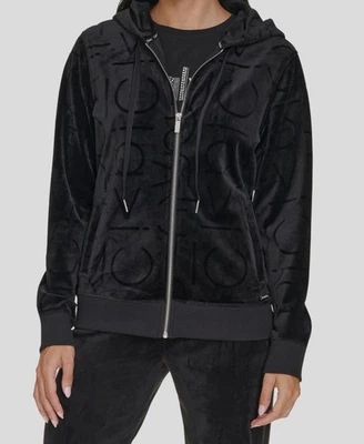 Calvin Klein Womens' Black Tonal Logo Velour Zip-Front Hoodie Size S - Image 1 of 3