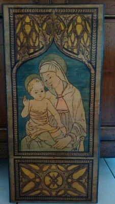 Ancien panneau en bois pyrogravure Scène religieuse unis France  - Photo 1/4