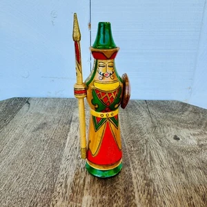 VTG Wooden Russian Asian Soldier Figure with Shield and Spear Hand Painted 6" - Picture 1 of 5