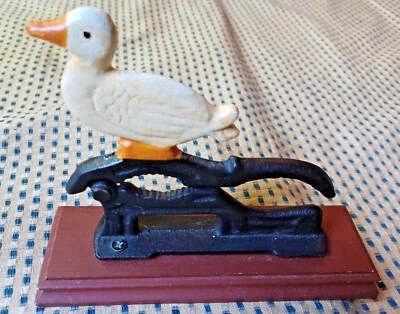 Vintage White Duck Cast Iron Metal Nutcracker Nuts Country Decor Wooden Base - Image 1 of 4