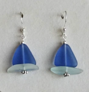 SAPPHIRE BLUE SAIL Beach glass nautical jewelry  PALE AQUA hul  handmade earring - Picture 1 of 2