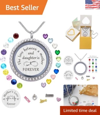 Charming Birthstone Floating Locket Necklace with Heartwarming Messages for Mom - Image 1 of 4