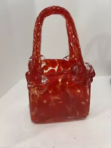 Murano Style Art Glass Handbag Vase w Handles 6.5" Red Confetti Pattern Vintage - Picture 1 of 8
