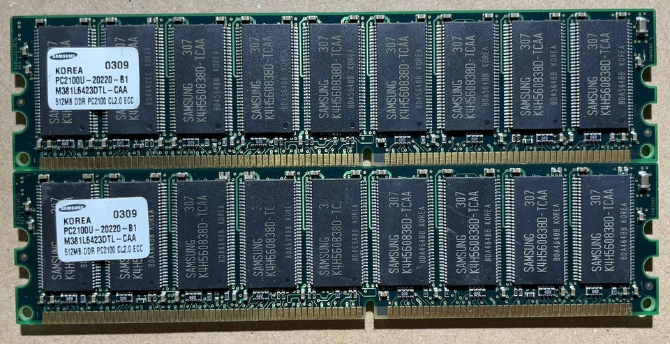 2x SAMSUNG M381L6423DTL-CAA PC2100 DDR266 512MB 184Pin ECC - Image 1 of 1