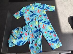 F&F Baby Boy Swimsuit and Hat - 18-24 Months - SPF 50 - Blue Fish