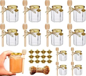 4oz Hexagonal Honey Jars - Glass Honey Jars with Gold Lids, Wooden Dippers, B... - Picture 1 of 7