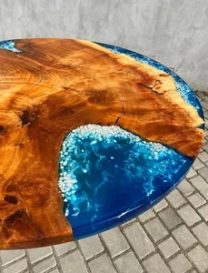 Ocean Epoxy Round Coffee Table | Handmade River Resin Tabletop Bar | Coastal Int - Picture 1 of 7