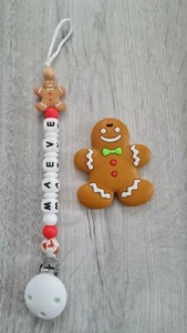 Personalisierter Lebkuchenmann Silikon Schnuller Clip & Beißring Geschenkset Unisex Weihnachten - Bild 1 von 1