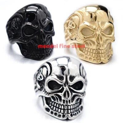 MENDEL Gold Plated Black Stainless Steel Mens Gothic Biker Skull Ring Size 7-15 - Image 1 of 4