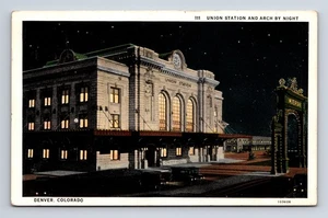 1931 Union Station and Arch By Night Denver CO Postcard - Picture 1 of 4