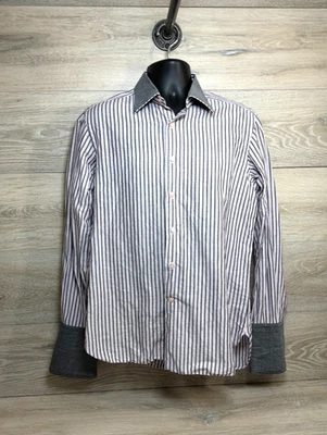 Мужская рубашка STEFANO RICCI розовая/серая льняная/хлопковая в полоску с французскими манжетами 40/15,25 - Изображение 1 из 4