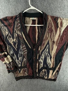 COOGI Cardigan Sweater Australia Button Up V Neck Knit Dark Red Large Cotton - Picture 1 of 20