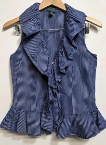 Blusa donna Ralph Lauren senza maniche con volant gessato e bottoni taglia S NUOVA - Foto 1 di 8