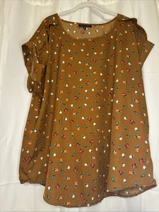 Neu Glory Blusenshirt Damen 2X braun gold Blumenmuster Polyester Kurzarm - Bild 1 von 12