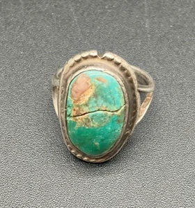 Vintage Fred Harvey‑Style Sterling Ring w/ Cracked Green Turquoise 5.75 - Picture 1 of 6