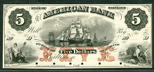 MARYLAND – American Bank, Baltimore, 1860’s, $5.00 Ships in Harbor PROOF on card
