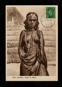 Cartolina Africa orientale donna di Cheren, affrancata 5 cent su ½ pence B.M.A - Foto 1 di 2