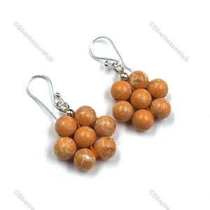 Orange Copper Turquoise Gemstone Sterling Silver Beaded Dangle Earrings Jewelry - Picture 1 of 4