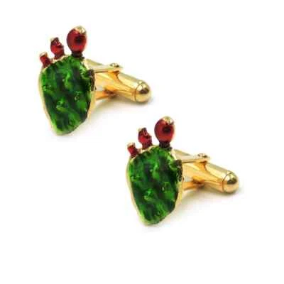 Gemelli Da Polso Fico D'India in Argento 925 Placcato Oro Smaltato a Mano - Immagine 1 di 4