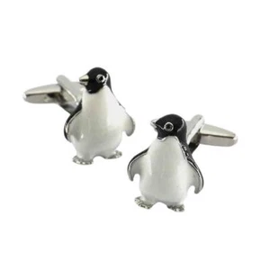 CUTE PENGUIN CUFFLINKS Black White Enamel Wedding Groom Best Man NEW w GIFT BAG - Picture 1 of 5