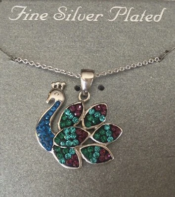 "Colorido colgante y cadena de pavo real de cristal de Swarovski enchapado en plata fina de 18""" Foto 1 de 4
