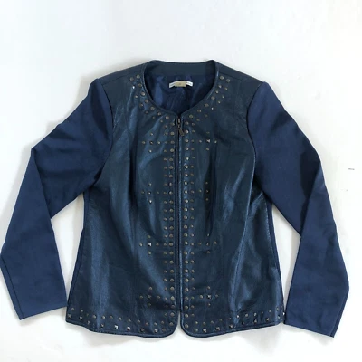 Peter Nygard Studded Blue Leather & Knit Jacket Size M Office Siren Gorpcore - Image 1 of 4