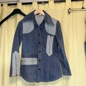 Chemise veste en jean bicolore vintage années 60 70 fabriquée en Californie par PutOn X-small - Photo 1/9