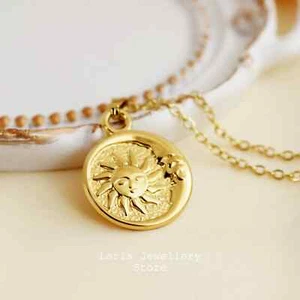 14ct Gold Plated Sun Circle Coin Disc Pendant Necklace (18 inches) - Picture 1 of 2