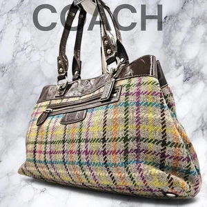 COACH Tote Bag Borsa a Tracolla Multicolore Tweed e Pelle Donna USATA DAL GIAPPONE - Foto 1 di 14