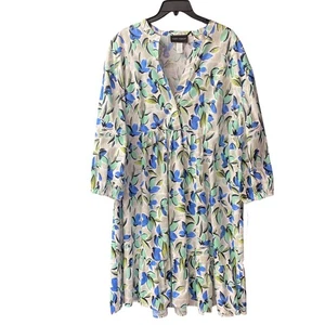 Donna Morgan Floral Print Long Sleeve Empire Waist Dress White/Blue 18 NWT - Picture 1 of 6