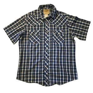 VTG Wrangler Large Rockabilly Blue Plaid Pearl Snap Grandpa Cowboy - Picture 1 of 6
