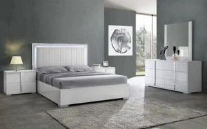 NEW 4PC LED Gloss White Silver Queen King Modern Italian Bedroom Set Furniture - Picture 1 of 7