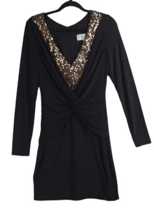 Badgley Mischka Mack & James Sz Medium Black Mini Dress with Gold Sequins Vneck - Picture 1 of 16