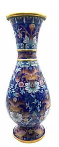 Chinese VASE Enamel Blue Cloisonné Brass 10 1/8” Tall - Picture 1 of 9