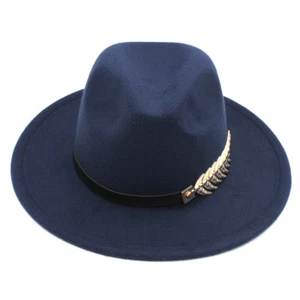 Women Wool Blend Panama Hat Wide Brim Fedora Cap Alloy Fish Bone Leather Band - Picture 1 of 28