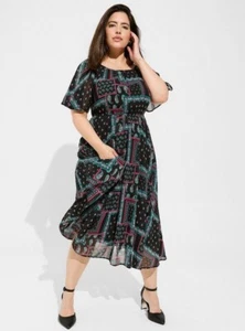 Torrid Black Teal Pink Midi Chiffon Flutter Sleeve Pleated Midi Dress Size 3X - Picture 1 of 13