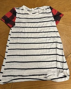 12 PM by Mon Ami Med Short Sleeve Shirt Black Stripe Red Plaid Contrast Sleeve - Picture 1 of 6