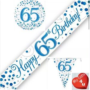 65th Birthday Party Decorations Flag Buntings Banners Balloons white Blue Age 65