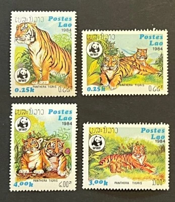 Sellos de viaje: Estampillas de Laos Scott #517-520 Fondo Mundial para la Naturaleza, Tigres como nuevas MNH OG Foto 1 de 4