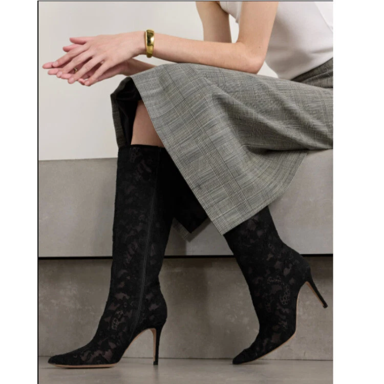 Botas para mujer de encaje estilo americano con punta hasta la rodilla tacón de aguja cremallera Foto 1 de 4