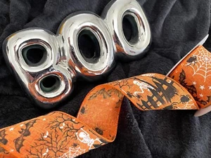 HALLOWEEN on natural burlap style - Luxury Wire Edge Ribbon 30mm 38mm & 63mm - Picture 1 of 11