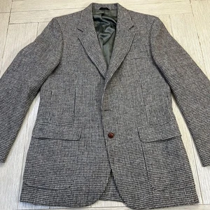 Harris Tweed Blazer Mens 44R Gray Houndstooth 100% Wool Leather Buttons Made USA - Picture 1 of 13