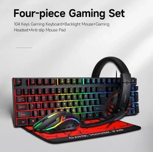 T-WOLF RGB Gaming Bundle 🎮 Keyboard Mouse Headset Pad 4in1 Set PC USB Mic - Picture 1 of 6