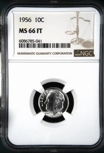 1956 Roosevelt Dime, NGC MS 66 Full Torch, Great Luster - Picture 1 of 2