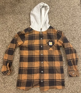Carhartt Hoodie Boys Medium Flannel Plaid Tan Brown Black Lightweight - Picture 1 of 4