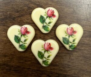 Vintage Set of 4 Heart Shaped Beads w/ROSES FLOWERS Transfer - 11/16" (JK10)