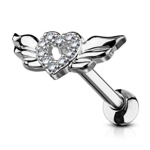 Ohrpiercing Ohrstecker Tragus Cartilage Piercing Flügel Herz Kristalle Silber - Bild 1 von 1