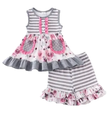Nuevo Conjunto Corto Boutique Rosa y Gris Floral con Volantes, Niñas, Niños, Talla 6 Foto 1 de 2